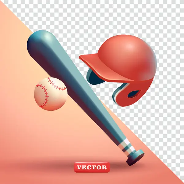 Beyzbol sopası, top ve kask. 3d vektör, spor ve tasarım ögeleri için uygun