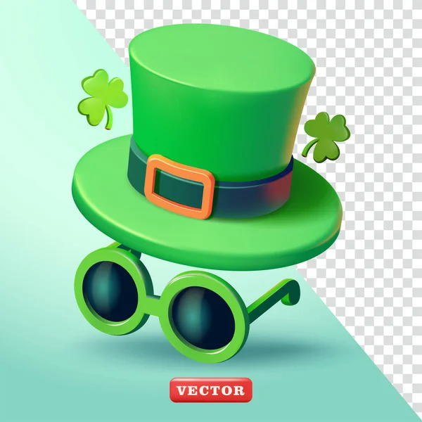 stock vector Saint Patrick's Day, hat, glasses and clover leaf. 3d vector. Suitable for events and design elements