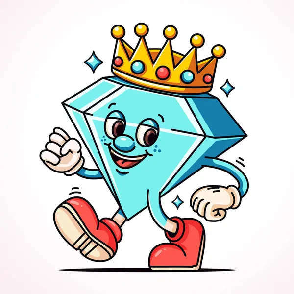 Diamant Met Kroon Het Hoofd Cartoon Mascotte — Stockvector