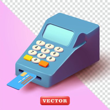Kredi kartı işleme makineleri, 3 boyutlu vektör. Finans ve iş için uygun
