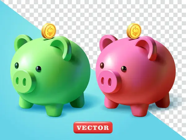 Domuz kumbarası, 3D vektör. Finansal, ticari ve tasarım unsurları için uygun