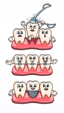 Diş çıkarma, diş telleri ve diş implantı karikatürü. Sağlığa uygun