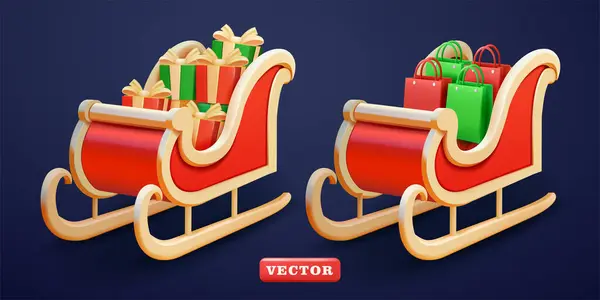 Hediyeler ve alışveriş torbalarıyla Noel Baba kızağı, 3 boyutlu vektör. Etkinlikler ve reklamlar için uygun