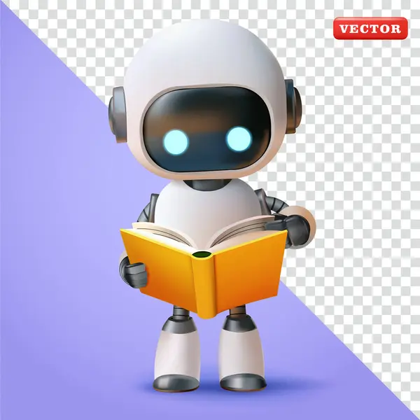 Robot bir kitap okuyor, 3D vektör. Teknoloji, öğrenme ve tasarım elementleri için uygun