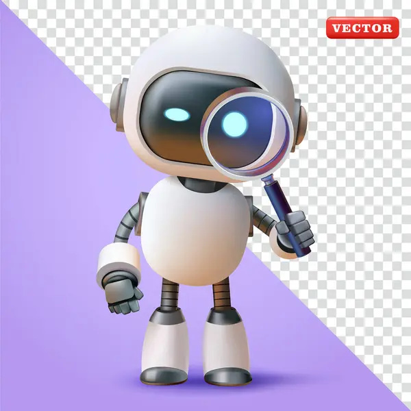 Robot büyüteçle bakıyor, 3 boyutlu vektör. Teknoloji, araştırma ve eğitim için elverişli