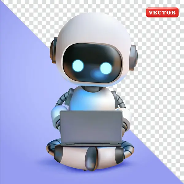 Robot dizüstü bilgisayarla çalışıyor, 3D vektör. Teknoloji, iş ve tasarım elementleri için uygun