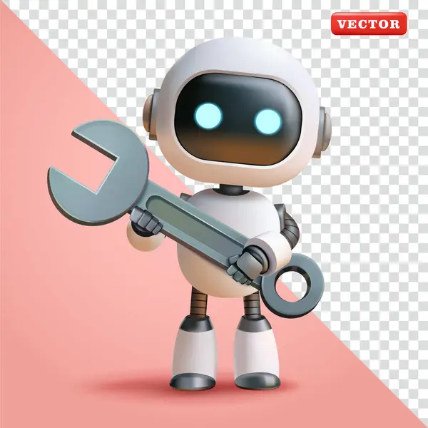 Robot ingiliz anahtarı tutuyor, 3D vektör. Güvenlik, ayarlar ve tamirat için uygun.