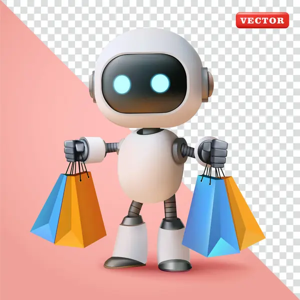 Robot alışveriş torbaları taşıyor, 3D vektör. Alışveriş, reklam ve teknoloji için uygun