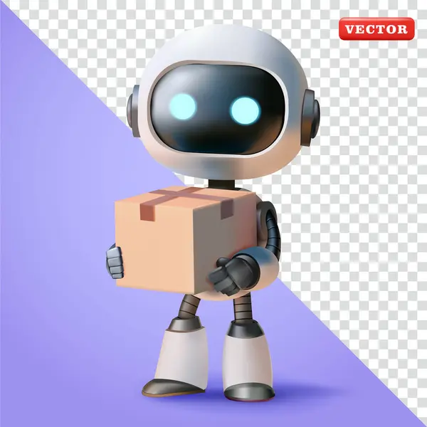 Robot paket kutusu taşıyor, 3D vektör. Teknoloji, paket, dağıtım ve tasarım elementleri için uygun