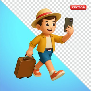 Adam akıllı telefonla selfie çekerken seyahat ediyor. Sosyal medya ve reklam için uygun