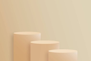 Podyum ya da ürün bej minimal sahne. Mevcut ürün ya da kozmetik için tasarım, sahne vitrini, boş sergi arkaplanı, raf ve makara. 3d kağıt kesim biçimi.