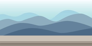 Dağların önündeki ahşap masa ve mavi arkaplanda sis. Doğal konsept. Yumuşak mavi fon. Metin için boşluk kopyala. resimleme tasarım biçimi.