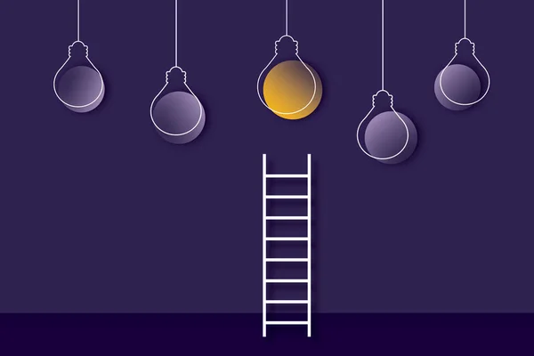 Stairs up to idea bulb on dark purple background. Concept for bright idea and insight. Business creativity and inspiration. Motivation for success. Think big ideas. copy space. paper cut design style.