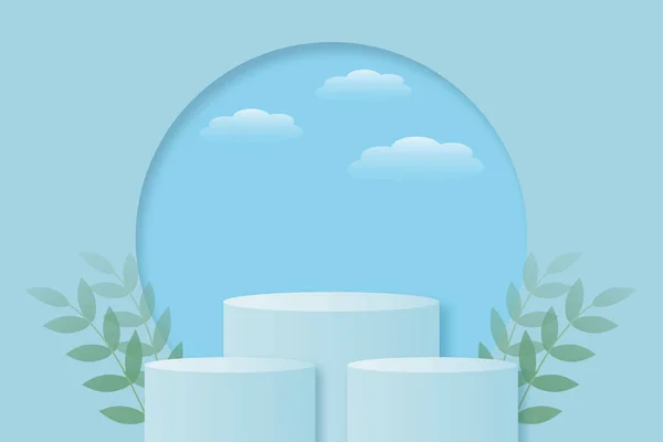Cilinderpodia Met Bladeren Geometrische Vormen Hemelse Achtergrond Scène Cosmetisch Product — Stockfoto