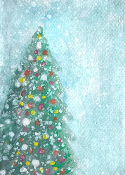 Watercolor Painting Winter Concept Illustration Heavy Snowfall Colorful Christmas Tree — Stock Photo, Image