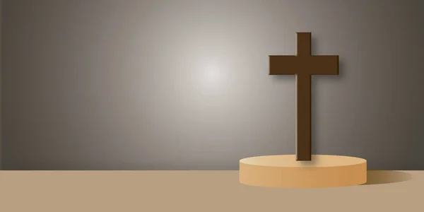 Christian cross with podium on dark background. Concept of faith symbol, Christianity, Christian Easter, Eternal life of soul, Gate to heaven, Holy cross for ascension day. 3d paper cut design style.