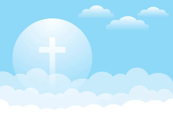 Christian cross with clouds on sky background. Concept of faith symbol, Christianity, Christian Easter, Eternal life of soul, Gate to heaven, Holy cross for Easter day and Ascension day. design style.