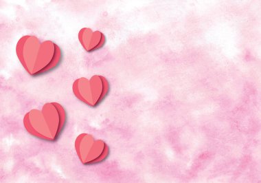Yumuşak pembe suluboya arka planda birçok kağıt pembe kalp. Sevgililer günü için tebrik kartı, düğün, mutlu anneler günü, doğum günü, banner love konsepti. Çizim kağıdı tasarım biçimini en aza indirdi.