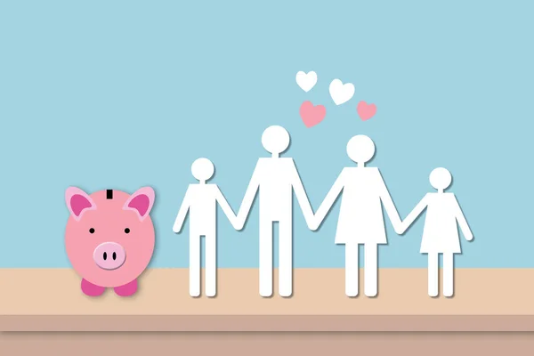 Happy family with heart and pink piggybank on table and blue background. Concept for family finance plan, position and saving money. copy space for the text. illustration paper cut design style.