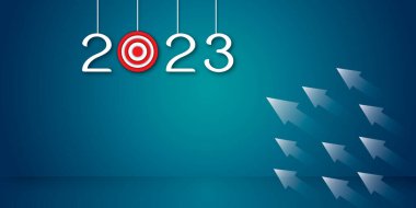 White arrow group rising to target in the year 2023 as metaphor for business and financial growth, success, team or teamwork and leader concept. copy space for the text. illustration paper cut  style.