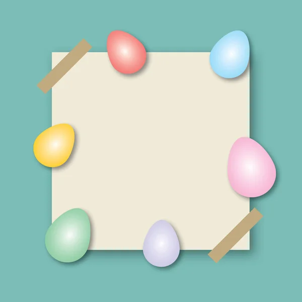 Kleurrijke Eieren Met Blanco Vierkant Papier Groene Achtergrond Vakantie Illustratie — Stockfoto