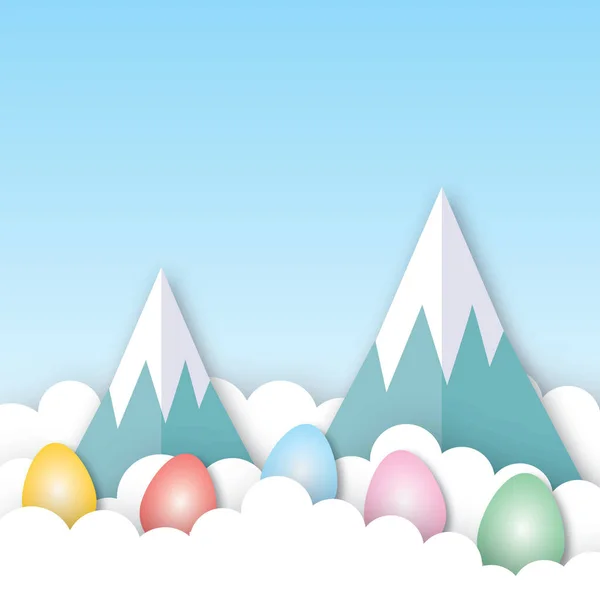 Huevos Coloridos Con Montañas Nubes Blancas Sobre Fondo Azul Del —  Fotos de Stock