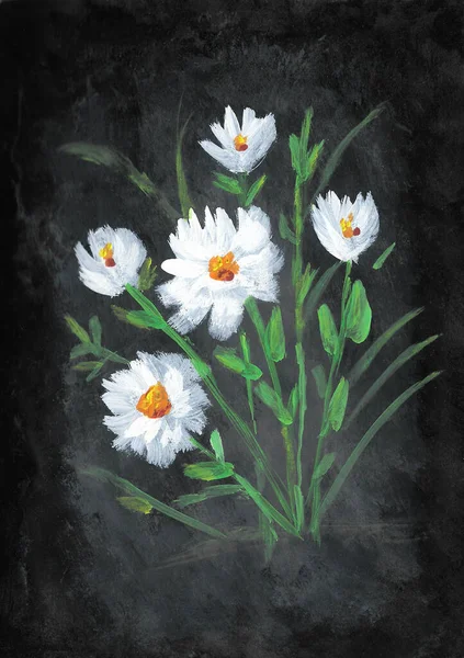 Acrylic painting of many white flowers on black dark background. illustration for condolence card. Hand painted floral texture style on paper.