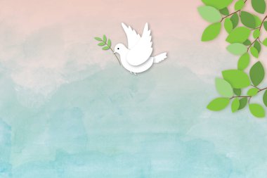 Kağıt beyaz güvercin ya da zeytin dalı taşıyan güvercin gökyüzünde renkli arka planda uçuyor, Dünya Barış Günü kavramı, uluslararası barış günü, kopyalama alanı. gölge örtüsü. illüstrasyon kağıdı kesimi tasarımı.