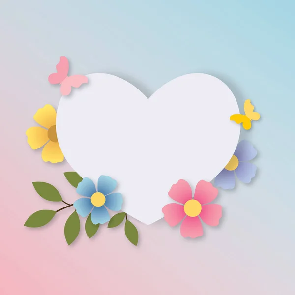 Color pastel flower and bloom, Wedding decorative perfect heart shape frame border or greeting card Valentine, Birthday and Mother day. Isolated on pastel background. paper cut design style.