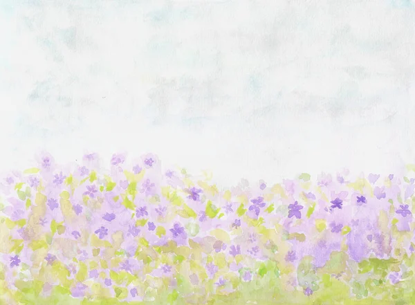 Akwarela Malarstwo Natura Tło Nieba Pole Kwiatów Papierze Krajobraz Ilustracja — Zdjęcie stockowe