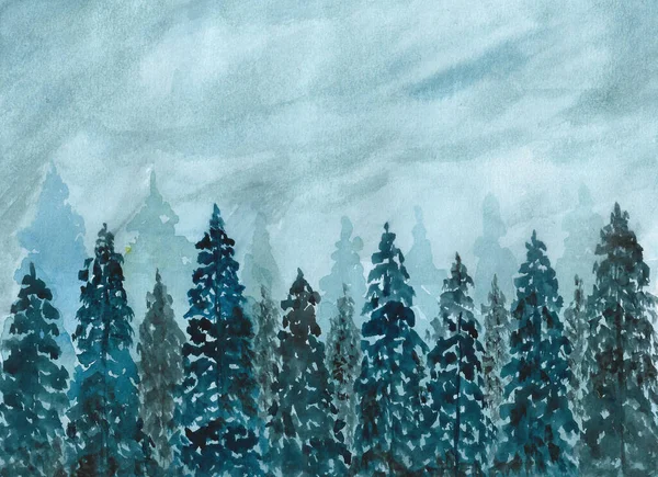 Акварельний Живопис Пейзаж Ялинковим Лісом Вночі Ілюстрація Концепції Зимового Або — стокове фото