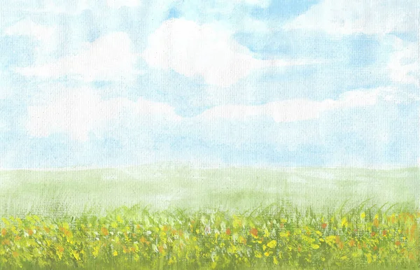 Akvarell Målning Natur Bakgrund Himmel Äng Och Blomma Papper Landskap Stockbild