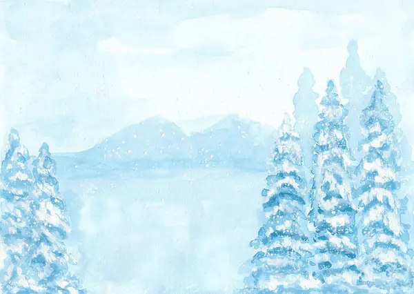 Акварельная Живопись Зимней Концепции Сильный Снегопад Естественный Фон Елки Зимний — стоковое фото
