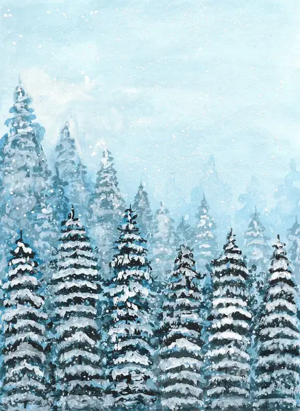 Téli Koncepció Akvarell Festése Erős Hóesés Természetes Karácsonyfa Háttér Téli — Stock Fotó