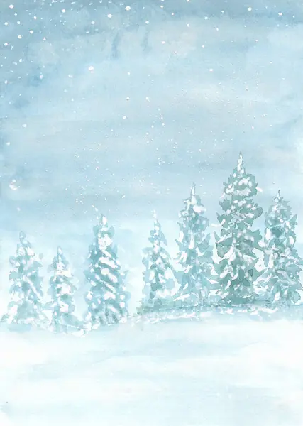 冬のコンセプトの水彩画 自然のクリスマスツリーの背景 落下する冬の風景 テキストのスペースをコピーします 手塗りのテクスチャスタイル バーティカル — ストック写真