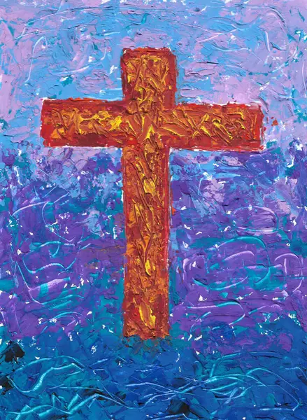 Acrylic painting cross on abstract colorful background, red crucifix. illustration for abstract cross or crucifix and rood concept. Hand painted impressionism texture style on paper. vertical