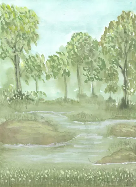 Watercolor painting nature background of forest with trees, river or canal and sky on paper. illustration landscape for environment or spring, summer and season concept. Hand painted texture style.