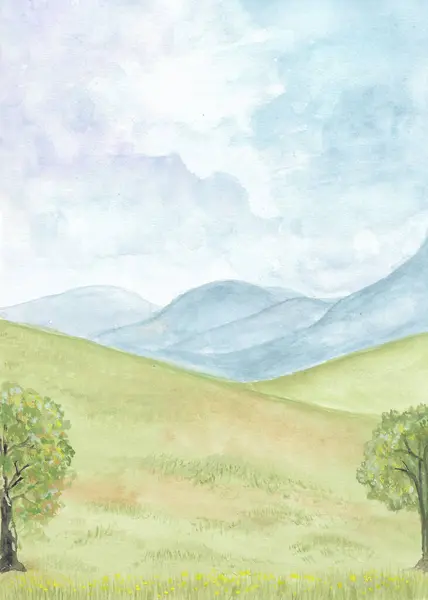 Акварельний Живопис Природний Фон Блакитного Неба Гора Папері Пейзаж Ілюстрація Стокове Фото