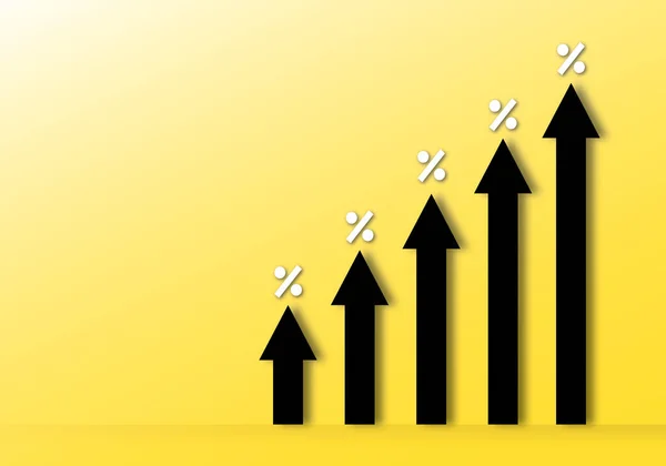 Black arrow increasing up with percentage on wall yellow background. Illustration for investment growth and financial interest rate. copy space for the text. shadow overlay. paper cut design style.