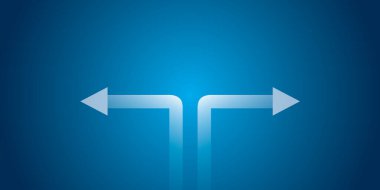 Oklar farklı yönleri gösteriyor ve mavi arka planda ışık var. İş hayatında çatışma, çelişki ve düşmanlığın metaforu. Metin için boşluk kopyala. resimleme tasarım biçimi.