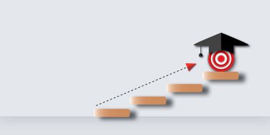 Hedef ve okun yükseldiği mezuniyet şapkası gri duvardaki merdivenlerden yukarı çık. Hedefler ve eğitim başarısı kavramı, tebrikler mezunlar. gölge örtüsü. kopyalama alanı. kağıt kesimi tasarım biçimi.