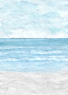 Mavi deniz suyunun suluboya doğası ve yaz deniz manzarası güzel dalgalar, tropikal doğa, bulutlu gökyüzü ve kumsal kum konsepti. Kağıda elle boyanmış doku. dikey