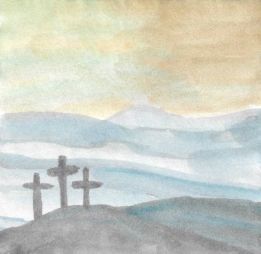 Hıristiyan haçının suluboya doğa arka planı. İnanç sembolü, Hıristiyanlık, Hıristiyan Paskalyası, ruhun sonsuz yaşamı, cennete açılan kapı, Paskalya günü ve yükseliş günü için kutsal haç..