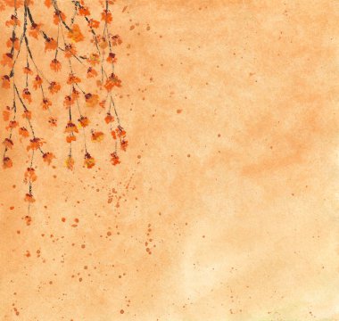 Kağıt üzerinde kahverengi duvarı olan kırmızı çiçek dalının arka planını suluboya ile boyamak. Sonbahar, yaz, mevsim konsepti. Tebrik kartı. metin için boşluk kopyala. El boyası desen biçimi.