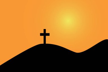 Dolunay ve turuncu gökyüzü arka planına sahip Hristiyan haçı. İnanç sembolü, Hıristiyanlık, Hıristiyan Paskalyası, Ruhun sonsuz yaşamı, Cennetin Kapısı, Paskalya Günü ve Yükseliş Günü için Kutsal Haç.