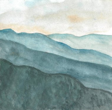 Sis ve gökyüzü yazılı olarak dağların arka planlarını suluboya ile boyamak. Manzara. Mevsim ve yaz konsepti için çizimler. metin için boşluk kopyala. El boyası desen biçimi.