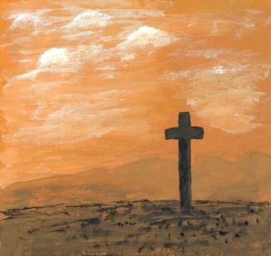 Akrilik, Hıristiyan haçı ve doğayı kağıt üzerinde resmediyor. İnanç sembolü, Hıristiyanlık, Hıristiyan Paskalyası, ruhun sonsuz yaşamı, cennete açılan kapı, Paskalya günü ve yükseliş günü için kutsal haç..