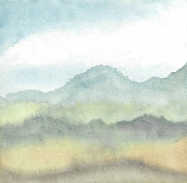 Dağın arka planında mavi gökyüzü ve kağıt üzerinde bulutlarla suluboya boya. Peyzaj. İlkbahar, sonbahar ve tropik konsept için illüstrasyon. metin için boşluk kopyala. El boyası desen biçimi.