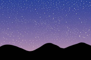 Gece 'nin soyut arkaplanı, parlak yıldızlı gökyüzü, mavi ve pembe arka planda siyah dağ veya tepe. Gece gökyüzü, evren ve uzay için bir çizim. Pankart, broşür ve web tasarımı için elverişli.