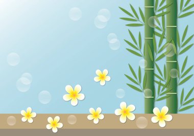 Yeşil bambu, frangipani çiçekleri, kabarcıklar, ahşap ve mavi gökyüzü arkaplanı. Spa konsepti için illüstrasyon, bahar zamanı. Metin için boşluk kopyala. kağıt kesimi tasarım biçimi.